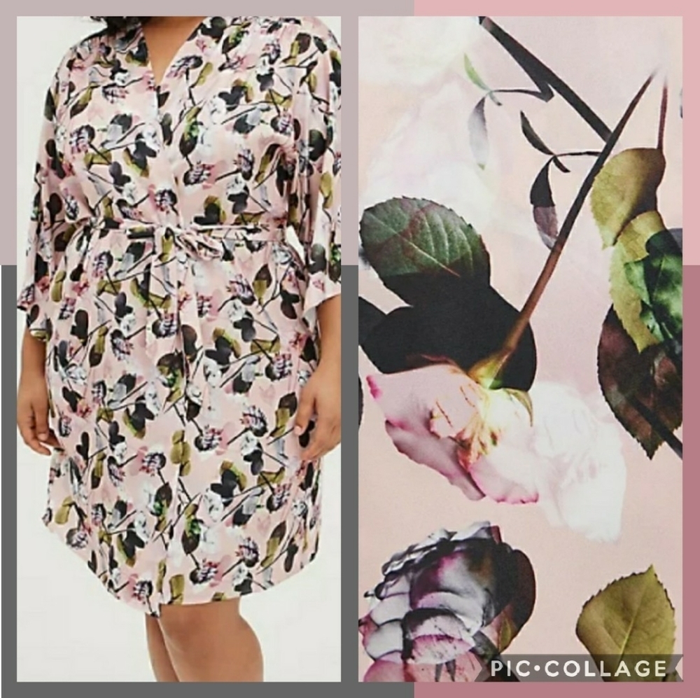 🆕🌺 1X/2X SATIN PINK ROSES SELF TIE MIDI ROBE🌺